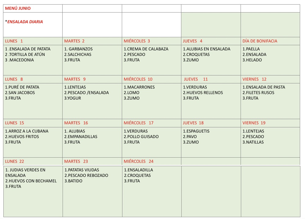 MENU COMEDOR JUNIO 2026